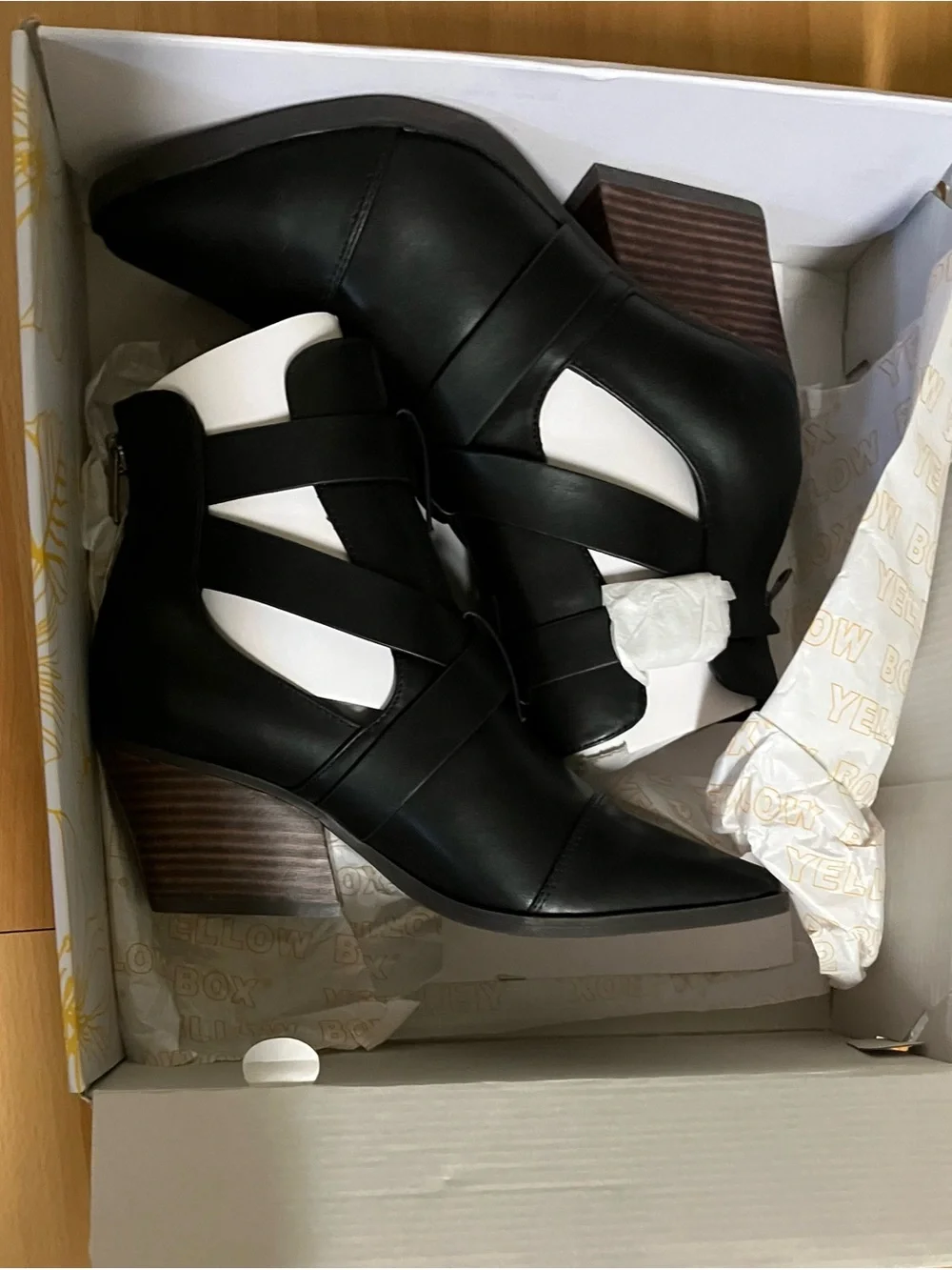 Yellowbox Black Canoly Cut-out Booties/Stacked Wooden Heel: Size 7